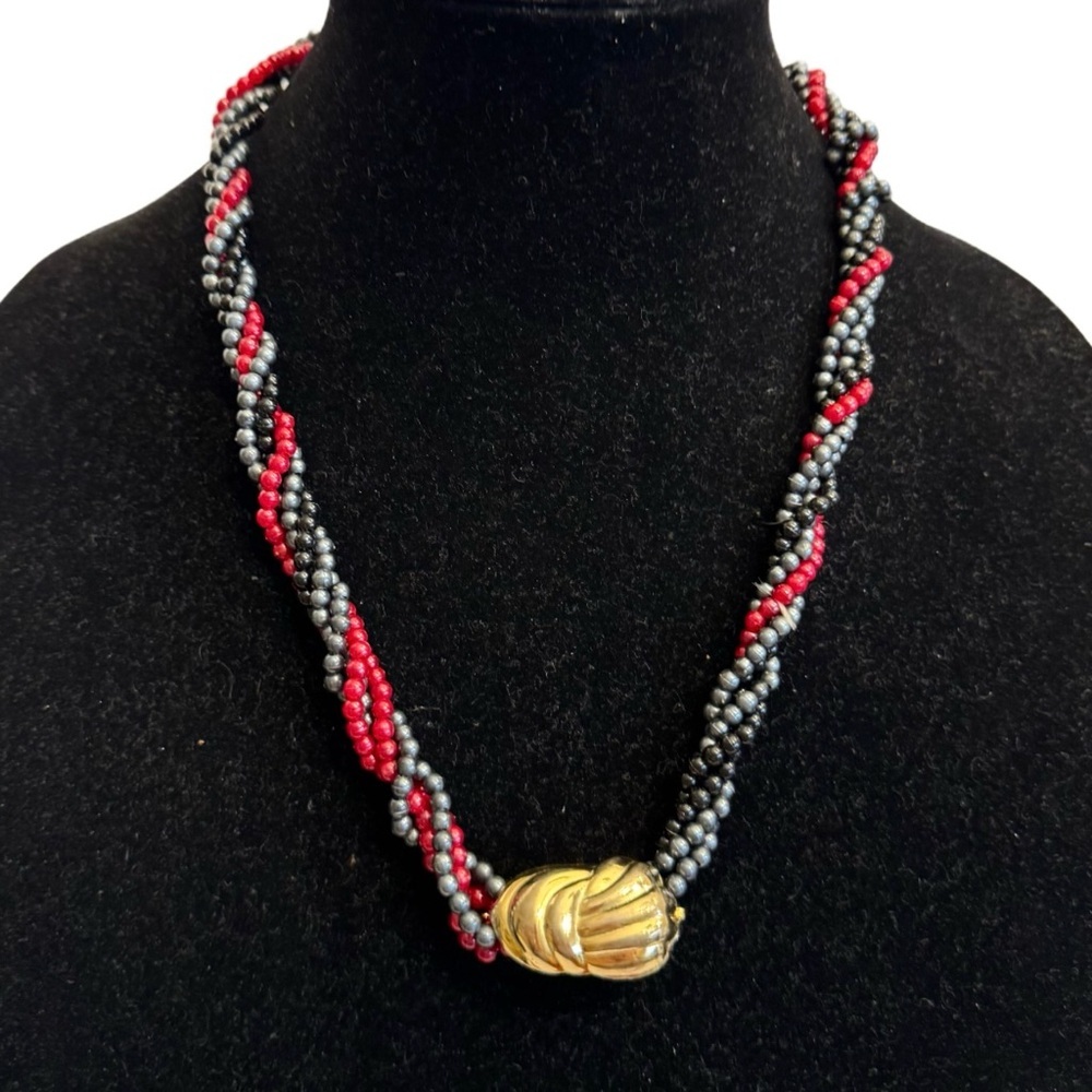 VTG Maroon Red Black Lucite Beaded Multiple Strand Twisted Necklace Gold Clasp